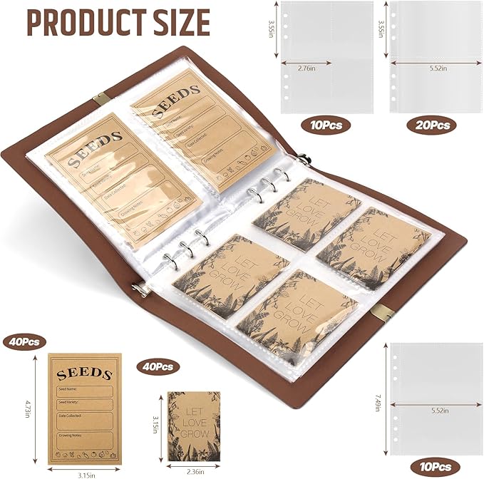 Seed Storage Organizer, Seed Packet Organizer Binder with 80Pcs Garden Seeds Storage Envelopes and 40 Clear Pocket Sheet Protectors for Protecting Vegetable Seeds (Brown, 9.1 x 6.5inch)