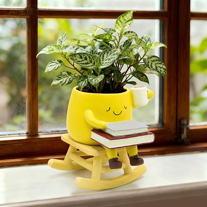 Smily Face Rocking Chair Planter -Cute Resin Book Coffee Succulents Plant Pots with Drainage Hole for Indoor Outdoor Garden, Gift IdeaI for Mother Appreciation Christmas (Yellow)