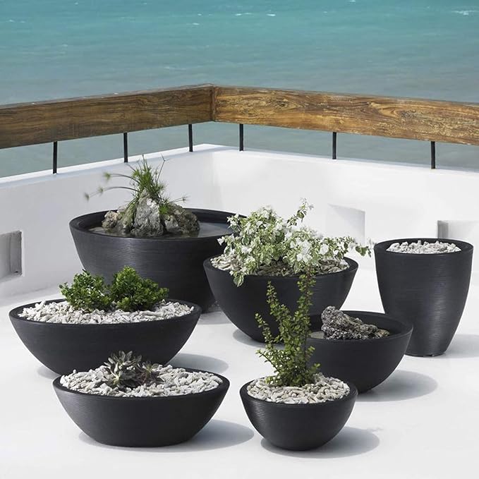 Crescent Garden Delano Bowl Planter, Indoor Outdoor Round Shallow Plant Pot for Water Garden, Bonsai Plant Pots, Succulents with Drain Hole - Double Walled Bowl Lotus Pot, 20" W (Caviar Black)