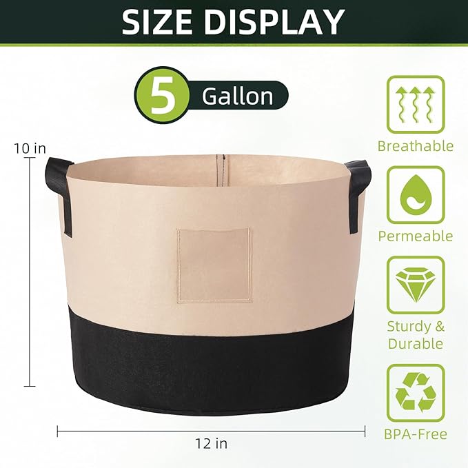 LITLANDSTAR 5 Gallon Fabric Grow Bags, 10 Pack Heavy Duty Thickened Nonwoven Plant Grow Bags with Handles and Label Bags, Fabric Plant Pots for Growing Vegetables Flowers Herbs (Black Mixed Camel)