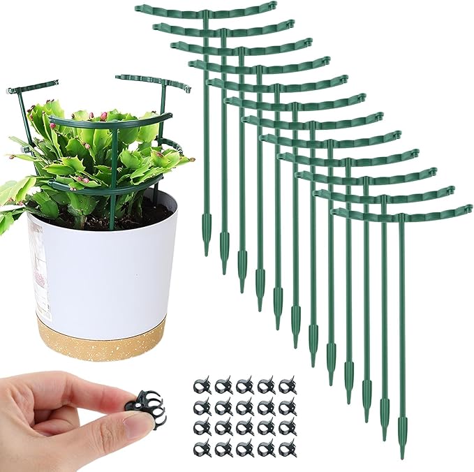 12 Pack Plant Support Stake,Half Round Plant Support Ring with 20 Pcs Clips,Plastic Plant Cage Plant Cage Holder for Small Plant Flower Vegetable,Indoor Leafy Plants(green,Size:9.45 x 5.51inch)