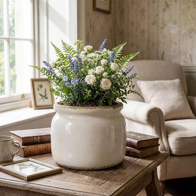 7.7″ Large Vintage Ceramic Plant Pot Pure Beige Rustic Planter with Ice Crackle Glaze & Drainage Hole for Indoor Outdoor Plants Farmhouse Home Kitchen Office Decor Gift for Women Teacher