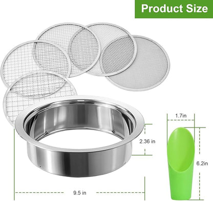 Soil Sieve Stainless Steel Riddle Sieve Set, 9.5" Diameter, Garden Sifter with 5 Filter Mesh Sizes 1,3,5,9,12mm and Bonsai Soil Scoops Gardening Tool