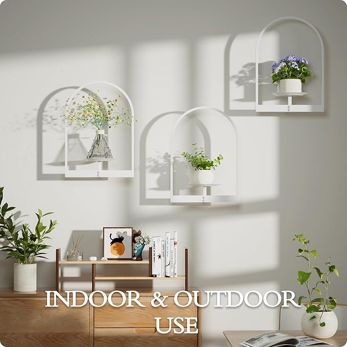 White Metal Wall Plant Holder - 3-Pack Wall Mounted Plant Stands and Hanging Holders for Indoor Planter and Flower Pot - Arch Decor Shelf for Plant Storage (Pot Not Included)