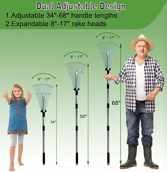 Garden Rake for Leaves, Metal Leaf Rake for Lawns with Adjustable Handle 【34"-68"】 & Folding Head 【8"-17"】，for Lawns, Yards, Leaves, Gardening