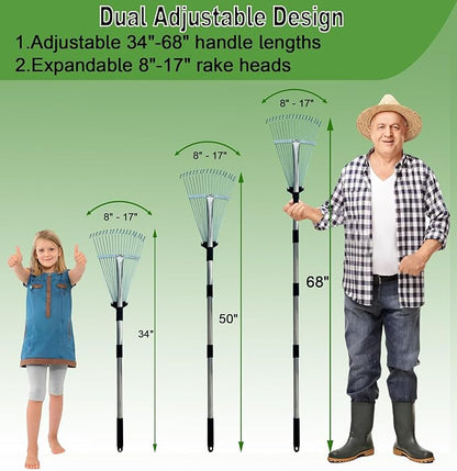 Garden Rake for Leaves, Metal Leaf Rake for Lawns with Adjustable Handle 【34"-68"】 & Folding Head 【8"-17"】，for Lawns, Yards, Leaves, Gardening