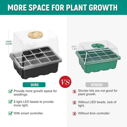 12-Set Seed Starter Tray with Grow Light, Seed Starting Trays Kits with Timing Controller Adjustable Humidity Domes Heightened Lids(12-Cells Per Tray)