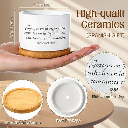 Sieral 6 Pcs Spanish Bible Verse Succulent Pots White Ceramic Flower Planter with Bamboo Tray Small Pots Christian Gift Succulent Planters for Patio Garden 3 x 3 x 2 Inch, Plants Not Included