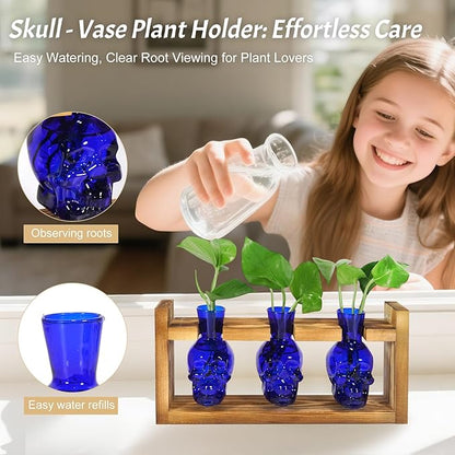 Plant Propagation Stations Hydroponics Halloween Decorations Skull Planter Vase Skulls Home Decor with Wooden Stand Gift(Blue)