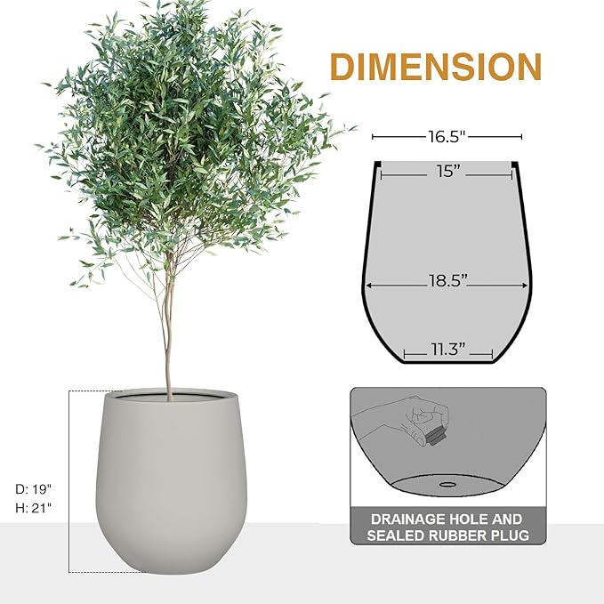 21" H x 19" D Corso Fiberstone Round Tapered Planter with Drainage Hole, Smooth Finishes, Weather Resistant, Included 2 Extra Coco Mats (Light French Gray, 15" Pot Opening)