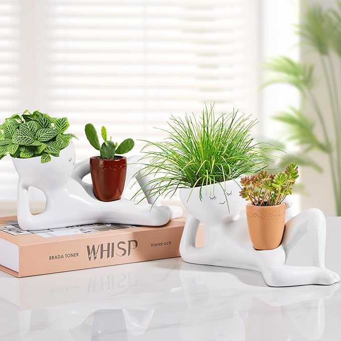 Face Planters Head, Funny Succulent Garden Pots,Cute Planters for Indoor Plants, Double Flower Pot with Drainage for Plant Lovers Gift (red)