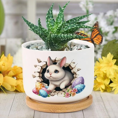 Cute Easter Bunny Break Through Eggs Ceramic Pots for Plants with Drainage Holes Round Flower Pot Bamboo Tray Orchid Pot Succulents Pots for Outdoor Indoor Plants