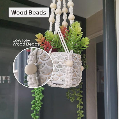Macrame Plant Hanger 35", Set of 2 No Tassel Hanging Plant Holder, Sturdy Flower Pot Holder with 4 Hooks - Ivory