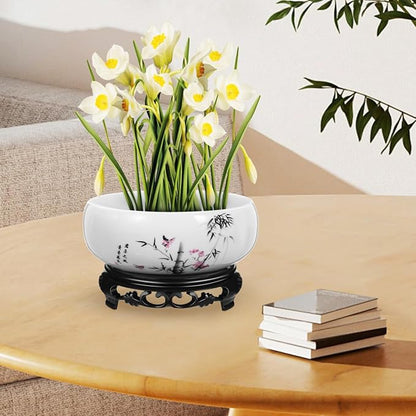Veemoon Ceramic Hydroponic Bowl Water Lily Planter Round Succulent Plant Pot Chinese Lotus Flower Pot with Plastic Base Bonsai Plant Container for Indoor Outdoor Garden Home Office (6.8 * 3.93 Inch)