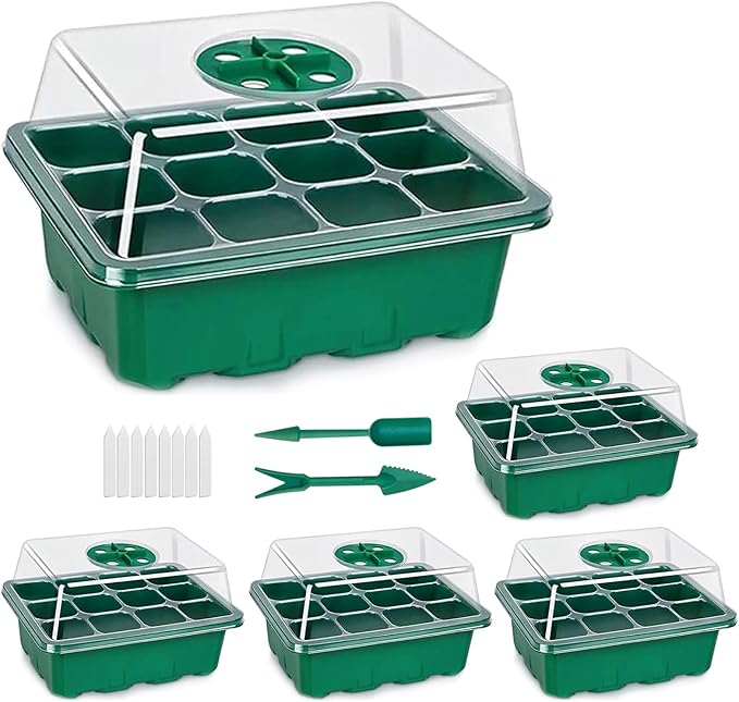 5-Pack Seed Starter Tray with Humidity Dome and Base, 12 Cells Per Tray (Total 60 Cells), Mini Propagator Plant Greenhouse Grow Kit with Garden Tools and Plant Labels for Seedlings