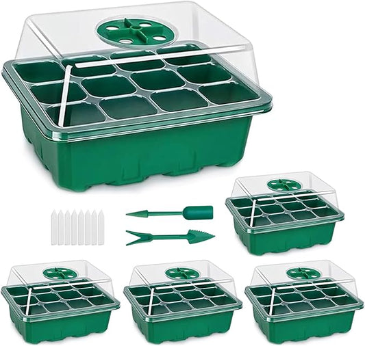5-Pack Seed Starter Tray with Humidity Dome and Base, 12 Cells Per Tray (Total 60 Cells), Mini Propagator Plant Greenhouse Grow Kit with Garden Tools and Plant Labels for Seedlings