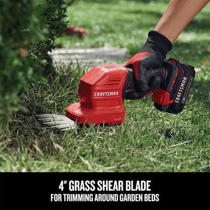 CRAFTSMAN V20 4 In. Cordless Handheld Grass Trimmer and 8 In. Mini Hedge Trimmer, Battery and Charger Included, Rechargeable 2 in 1 Grass Shear and Bush Trimmer (CMCSS800C1)