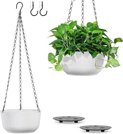White Hanging Planters for Indoor Outdoor Plants, Set of 2 8.8 Inch Self-Watering Hanging Pots with Drainage Hole & Plug II Screw-in Hooks II
