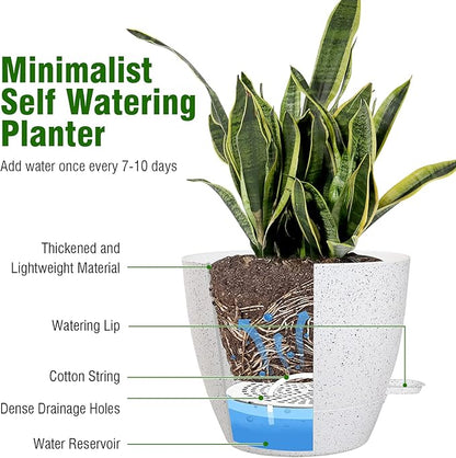 10 inch Self Watering Pots, Planter, Plant Pots with Mesh Drainage Holes for Indoor Outdoor House Plants and Garden, Set of 2 Plastic Flower Pots with Deep Reservoir, Speckled White