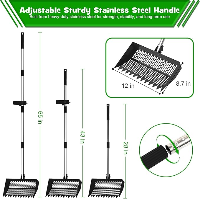 Chicken Poop Scooper & Rake 2-in-1 – 12 Inch Shovel Head & 3-Angle Adjustable Stainless Steel Handle, Chicken Litter Scoop and Coop Rake & Sand Sifting Shovel for Chicken Coops, Black