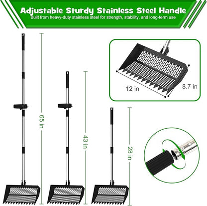 Chicken Poop Scooper & Rake 2-in-1 – 12 Inch Shovel Head & 3-Angle Adjustable Stainless Steel Handle, Chicken Litter Scoop and Coop Rake & Sand Sifting Shovel for Chicken Coops, Black