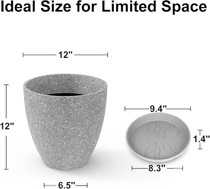 GameXcel Flower Pot Indoor - Outdoor Plant Pot - Gray Rough Planter - Elegant Stone Imitation - 12" Diameter 12" Tall with Drainage Holes and Saucer
