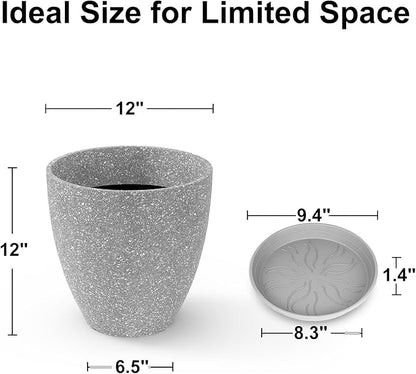 GameXcel Flower Pot Indoor - Outdoor Plant Pot - Gray Rough Planter - Elegant Stone Imitation - 12" Diameter 12" Tall with Drainage Holes and Saucer