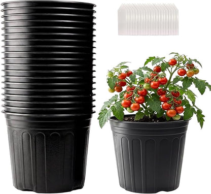 25 Pack 2 Gallon Flexible Plant Nursery Pots Plastic Seedling Starting Pots with Drainage Holes Soft Flower Pots Plant Container with Plant Labels, Black