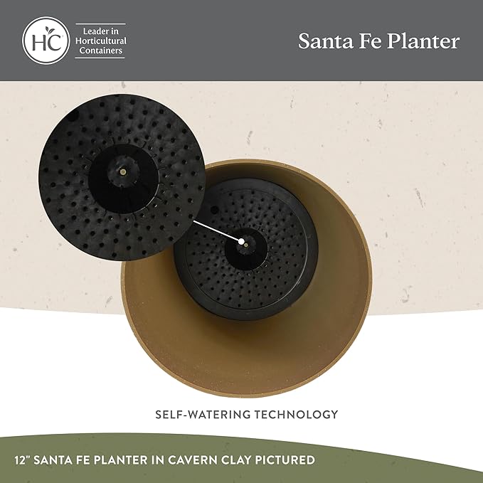The HC Companies Santa Fe Round Self-Watering Pot - Lightweight Plastic Planter for Herbs & More - Durable Plant Pots for Indoor Plants & Outdoor Plants (12" Cavern Clay, Pack of 2)