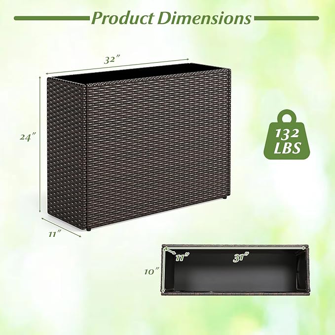 Giantex Wicker Raised Garden Bed, 32”x11”x24”, Rectangular Garden Planter Box w/PE Rattan, Liner Fabric, Wicker Patio Elevated Raised Bed for Vegetable Flower Herb Porch Balcony