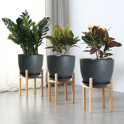 WOUSIWER Plant Pots 10/9/8 inch, Set of 3 Modern Decorative Plastic Planters with Drainage Holes and Saucers for House Plants Indoor Flowers Plants, Black with Green Speckles
