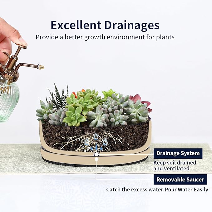 Selamica Ceramic Succulent Pots, Shallow Succulent Planters with Drainage Hole & Saucer, Indoor Plant Pots for Cactus, Home Decor，Vintage Blue, 8 inch，Set of 2
