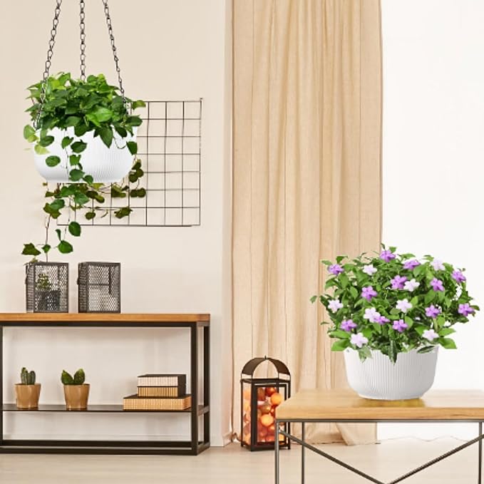 White Hanging Planters for Indoor Outdoor Plants, Set of 2 8.8 Inch Self-Watering Hanging Pots with Drainage Hole & Plug II Screw-in Hooks II