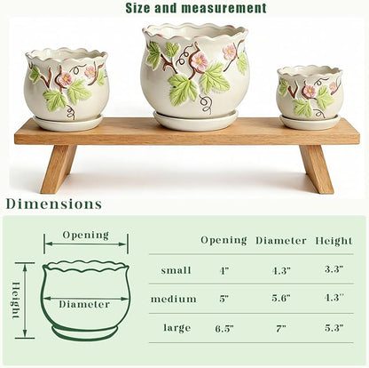 Vintage Flower Pots for Indoor Plant, Round Ceramic Plant Pots with Drainage Holes and Saucers, 6.7/5.2/3.9 Inches Retro Flower Planters Set of 3 (Morning Glory)