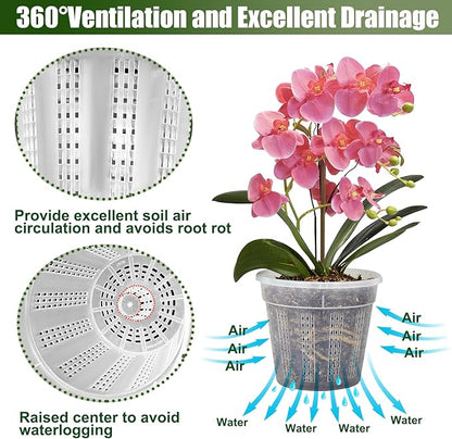 Orchid Pot with Saucers, 2 Each of 4.3",5.5",6.1" Orchid Pots with Holes, 6Pcs Clear Plastic Planter for Indoor Outdoor Plants (2 Each of 4.3,5.5",6.1" with Saucers)