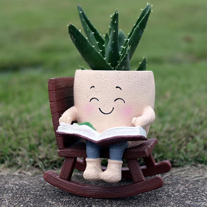 Cute Plant Pots Head Planters, Funny Rocking Chair Reading Book Planter Cactus Face Pot with Drainage Hole for Indoor Outdoor Plants, Unique Plant Lover Gifts