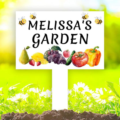 Custom Vegetable Garden Stake Yard Sign Personalized Fruits Orchard Sign Metal Outdoor Garden Name Plaque with Stake, Customized Bee Pear Lemon Grape Tomato Vegetable Signs for Mom Grandma