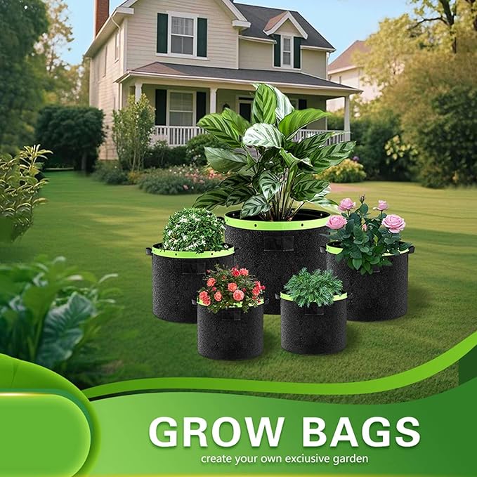 Grow Bags 6 Pack 2MM 400G More Heavy Duty Thickened Nonwoven Garden Plant Fabric Pots (Black, 5 Gallon)