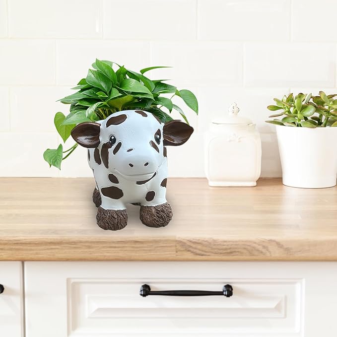 EOBTAIN Cute Animal Resin Succulent Small Pots Funny Planters for Indoor Plants Mini Unique Cactus Planter Pots Living Room Office Desktop Table Decor, Cow Lover Gifts, 4 Inch