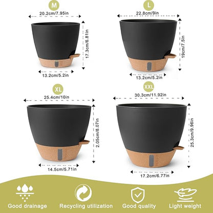 Plant Pots,12/10/9/8/ Inch Large Plastic Self Watering Flower Pots Indoor Outdoor with Drainage Holes, Deep Reservoir,Nursery Planting Pot for Indoor Out Door Plants Black