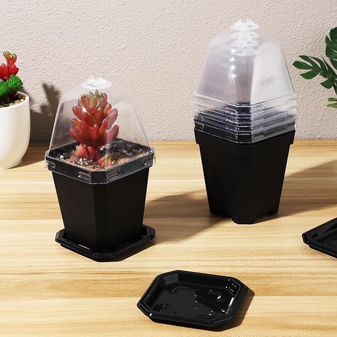 Black Plant Nursery Pots: 5Pcs Seeding Starter Pots, 3 Square Nursery Pot with Humidity Dome, Plastic Plant Container for Garden Vegetable Flower Germination