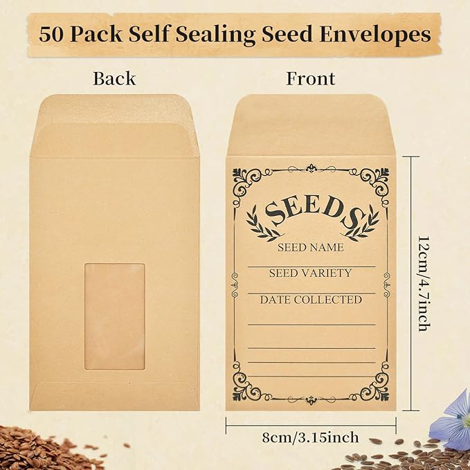 50-Pack Seed Packets Envelopes with Clear Window, 4.72 x 3.15 Inch Small Kraft Paper Seed Bags, Bulk Seed Storage Organizer with Preprinted Collecting Template for Garden Flower Vegetable Seeds Saving