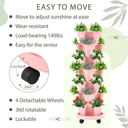 Umigy 2 Set of 7 Tier Vertical Planter Stackable Tower Planters Strawberry Herb Flower and Vegetable Pots Indoor Outdoor Gardening Pots with Removable Wheels and Tools(Pink)