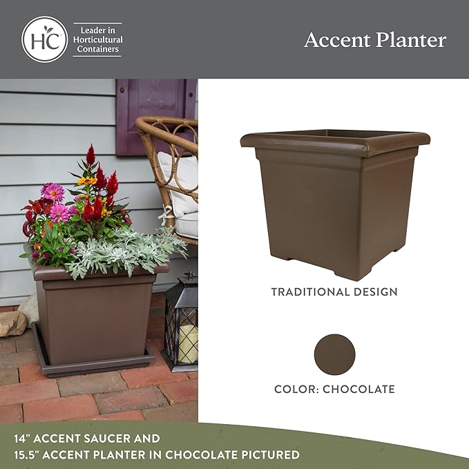 The HC Companies 12.5 Inch Accent Square Plant Pots with Drainage, Lightweight UV-Resistant Plastic Planters for Indoor & Outdoor Plants, 2-Pack Flower Pots for Garden, Office & Home Decor, Chocolate
