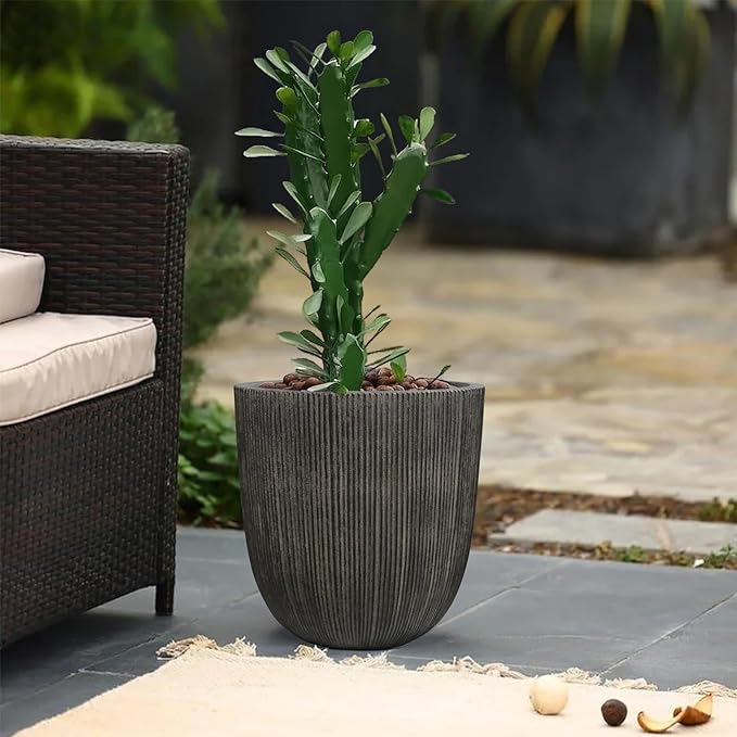 Vintage Black Cement-Look Ribbed Planter, 14.8"H Tall Tapered Egg-Shaped Plastic Plant Pot with Drainage Hole & Plug, Large Modern Indoor Outdoor Flower Pot for Home, Garden, Patio and Houseplants