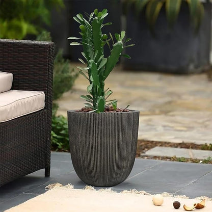Vintage Black Cement-Look Ribbed Planter, 14.8"H Tall Tapered Egg-Shaped Plastic Plant Pot with Drainage Hole & Plug, Large Modern Indoor Outdoor Flower Pot for Home, Garden, Patio and Houseplants