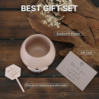 Bookworm Planter Pot - Cute Plant Pots for Succulents with Thank You Sign & Card, Resin Reading Planter for Indoor Outdoor Decor, Succulent Gifts for Book Lovers, Teacher Mom Dad Appreciation