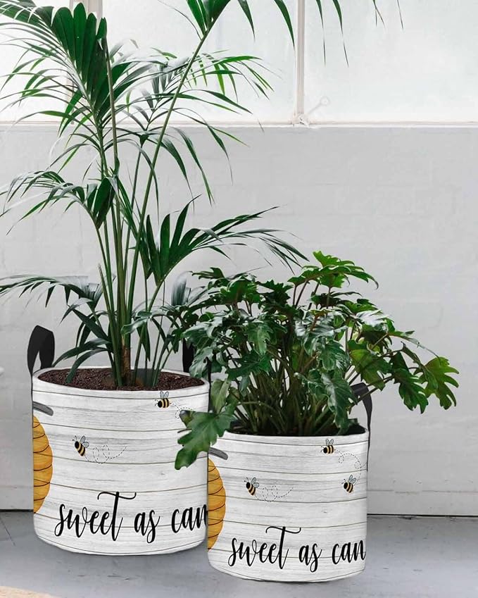 3 Gallon Grow Bags Planter Bag,Fall Hive Bumble Bee Vintage Wood Grain Fabric Plant Pots with Handle,Flower Grow Bag for Vegetable Potato Tomato,Farm Honeybee Gardening Bags
