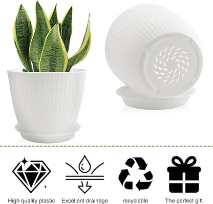 8/7/6 inch Plant Pots, 3 Pack Flower Pots for Outdoor Indoor Garden Plants, Large Planters with Multi Mesh Drainage Holes and Saucer (White, 8"+7"+6")