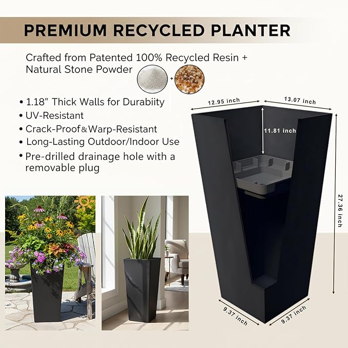 GreenShip 27 inch Tall Planters for Indoor Outdoor Plants, Set of 2 - Large Black Flower Pots with Drainage & Inner Shelf, Modern Decorative Garden Pots for Porch, Patio, Front Door